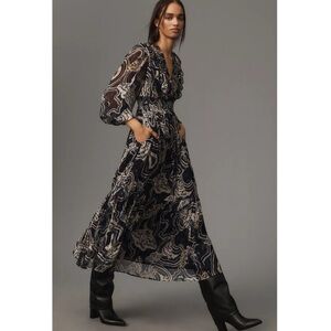 Anthropologie Printer Johnson Long-Sleeve V-Neck  Midi Dress